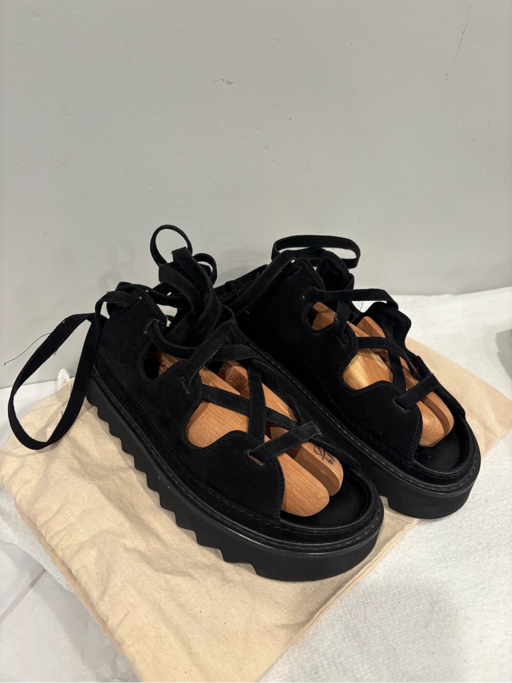 Celine Black Suede Lace-Up Platform Sandals